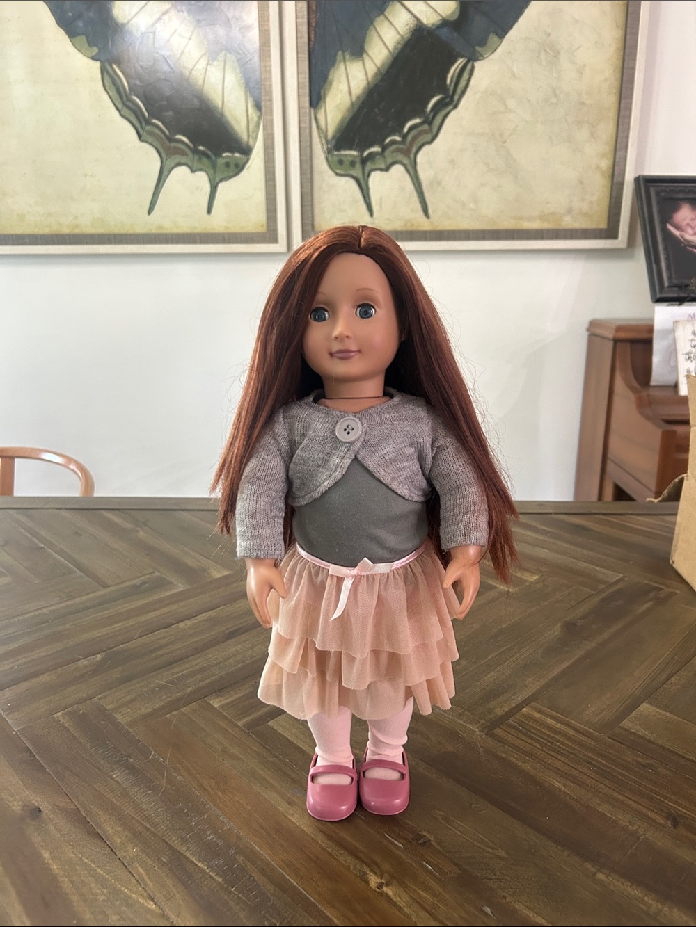 Brown-Haired Fashion Doll in Pink Tulle Skirt and Gray Cardigan